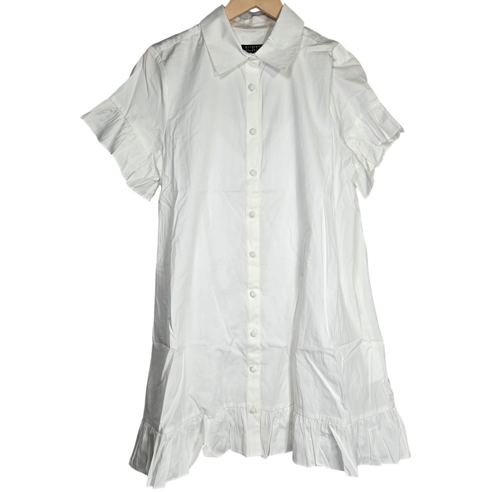 J. Crew Poplin Shirt Dress White Short Sleeve Ruffle Button Front BR461 Size M